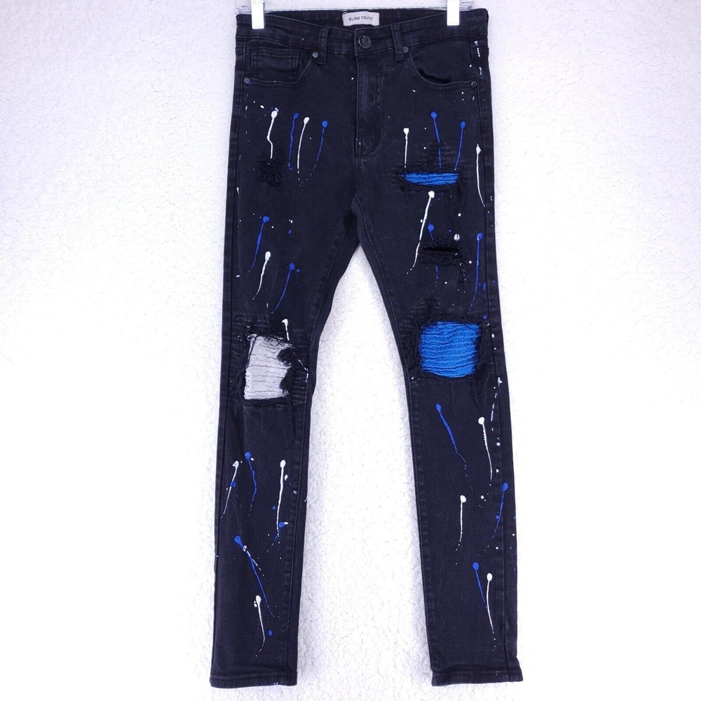Blind Trust Black Destroyed Skinny Painted Jeans Mens Size 30W x 32L Denim Pants